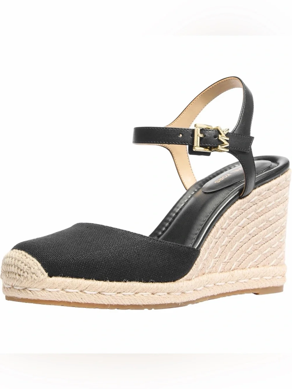 Michael Kors Kenzie Black Canvas Espadrille Wedge Sandals with Gold Buckle